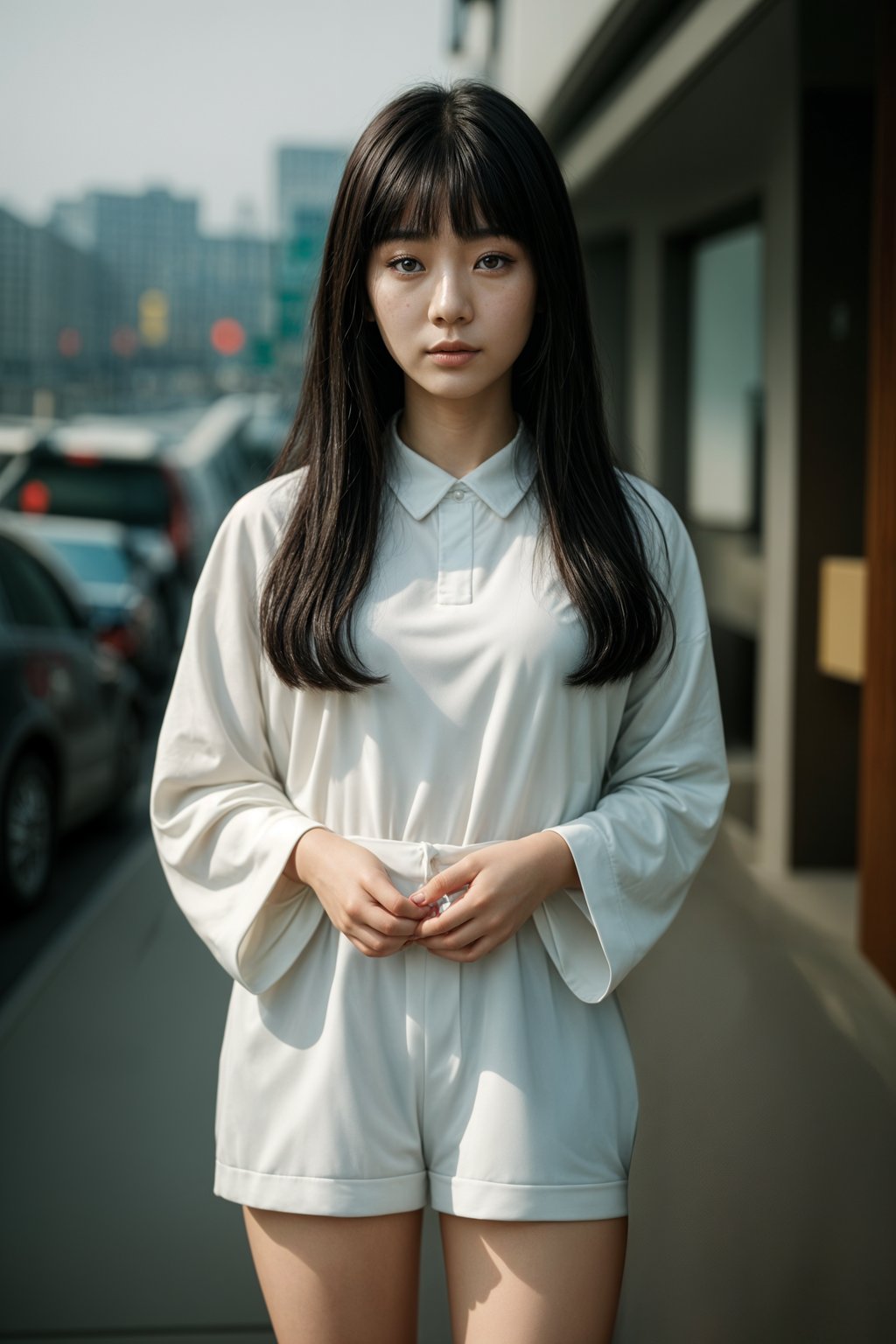 Korean woman (with black hair) (as korean kpop k-pop idol) posing for photo, wearing Korean clothes, Korean fashion, Korean fashion, Korean makeup, (in front of solid background)