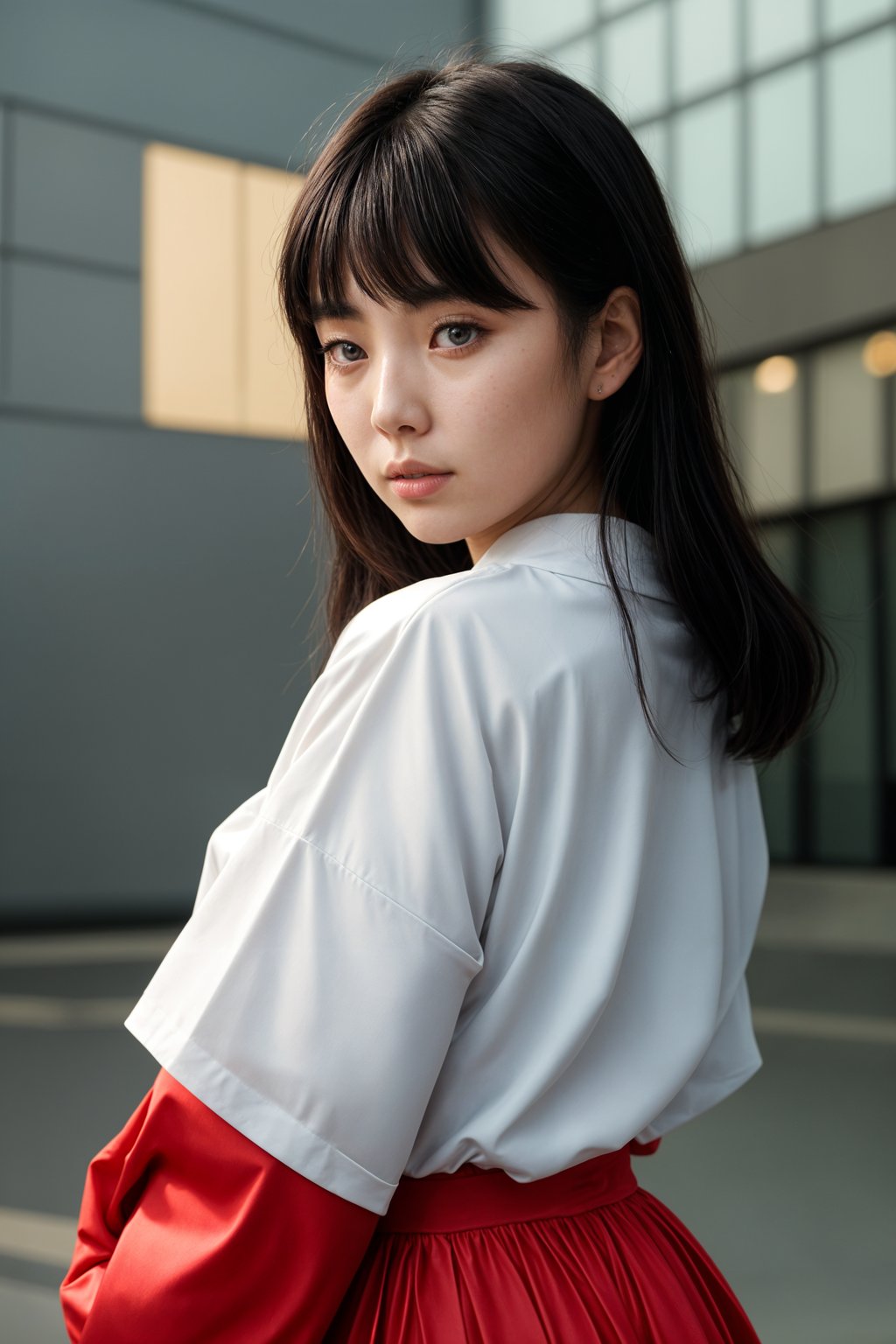 Korean woman (with black hair) (as korean kpop k-pop idol) posing for photo, wearing Korean clothes, Korean fashion, Korean fashion, Korean makeup, (in front of solid background)