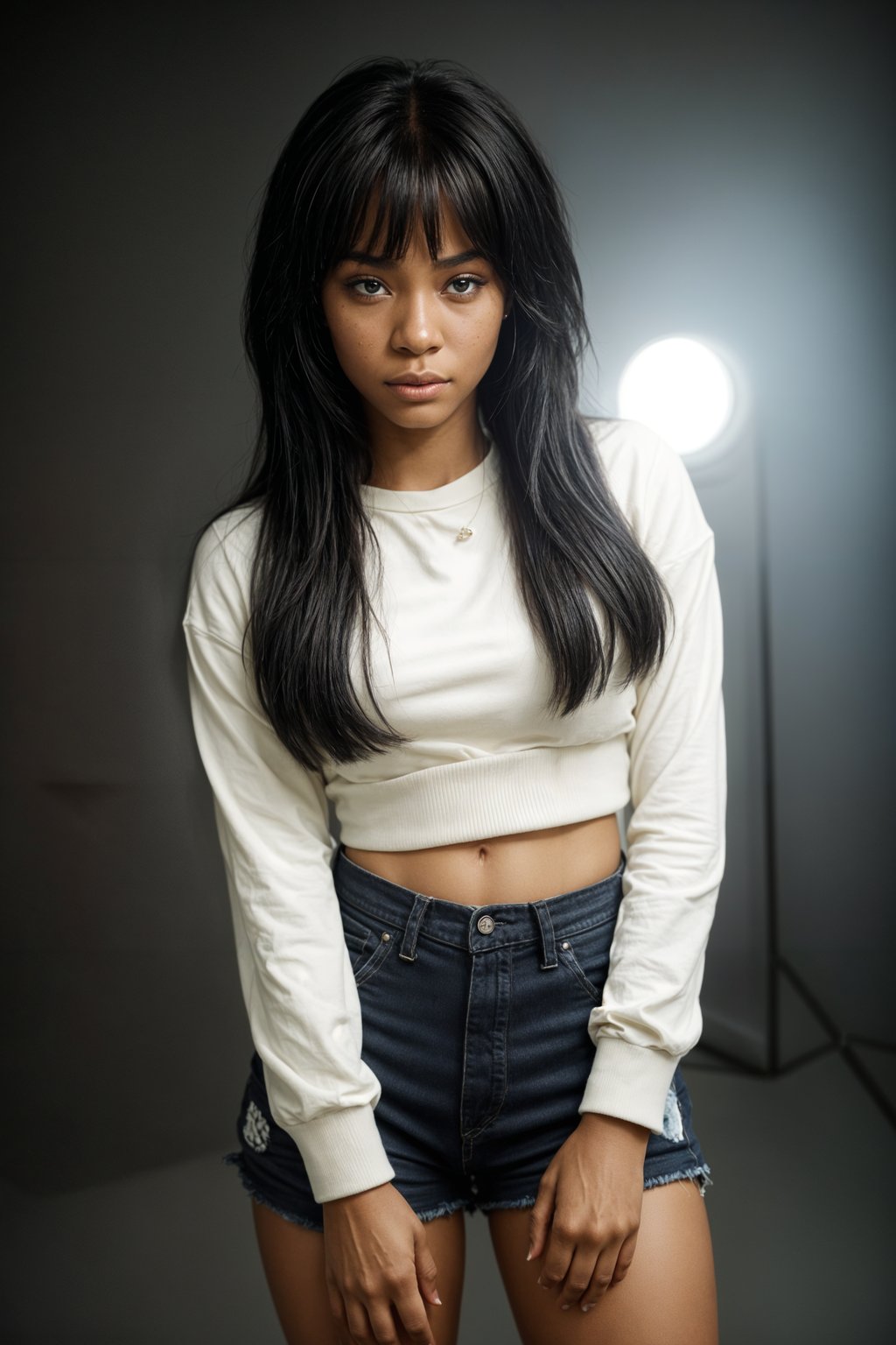 Korean woman (with black hair) (as korean kpop k-pop idol) posing for photo, wearing Korean clothes, Korean fashion, Korean fashion, Korean makeup, (in front of solid background)