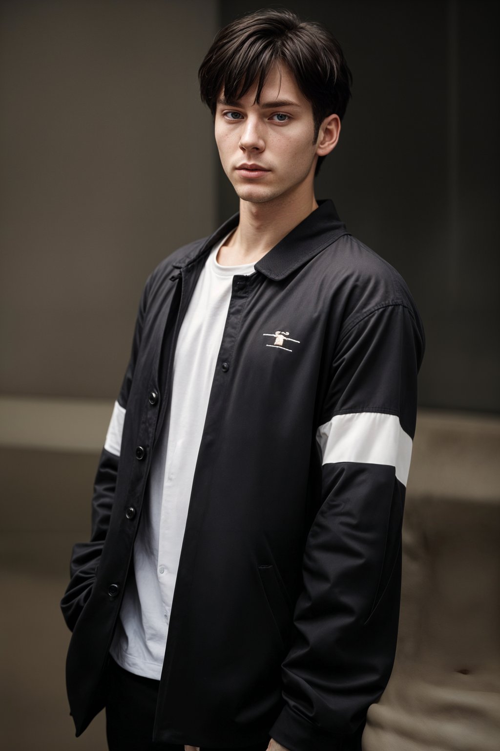 Korean man (with black hair) (as korean kpop k-pop idol) posing for photo, wearing Korean clothes, Korean fashion, Korean fashion, Korean makeup, (in front of solid background)