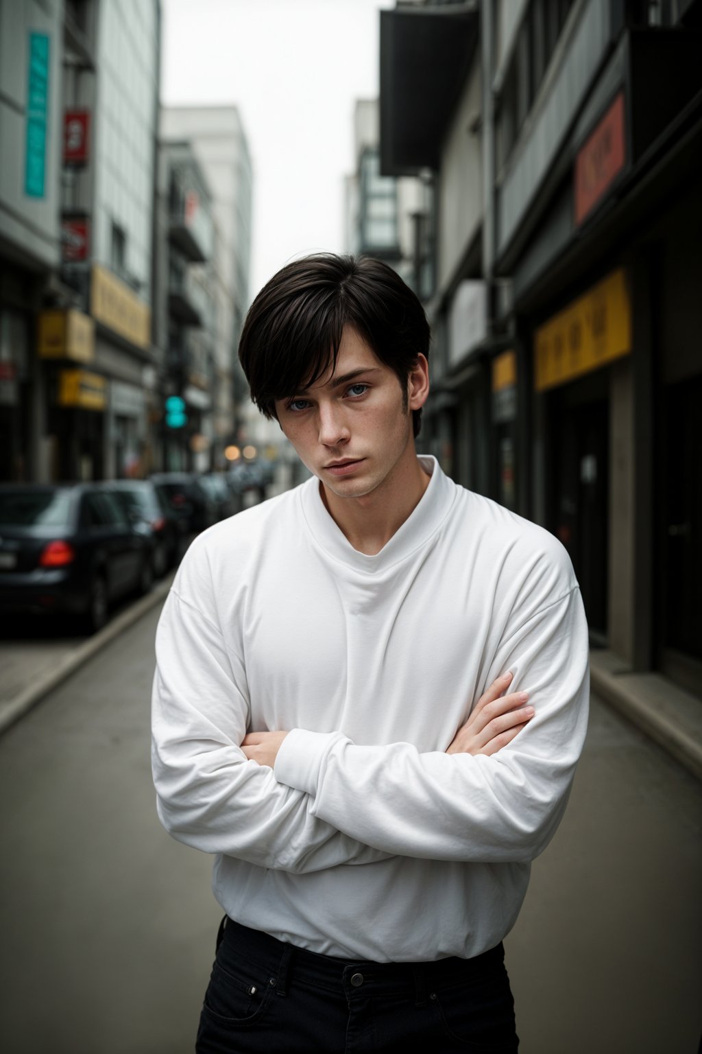 Korean man (with black hair) (as korean kpop k-pop idol) posing for photo, wearing Korean clothes, Korean fashion, Korean fashion, Korean makeup, (in front of solid background)