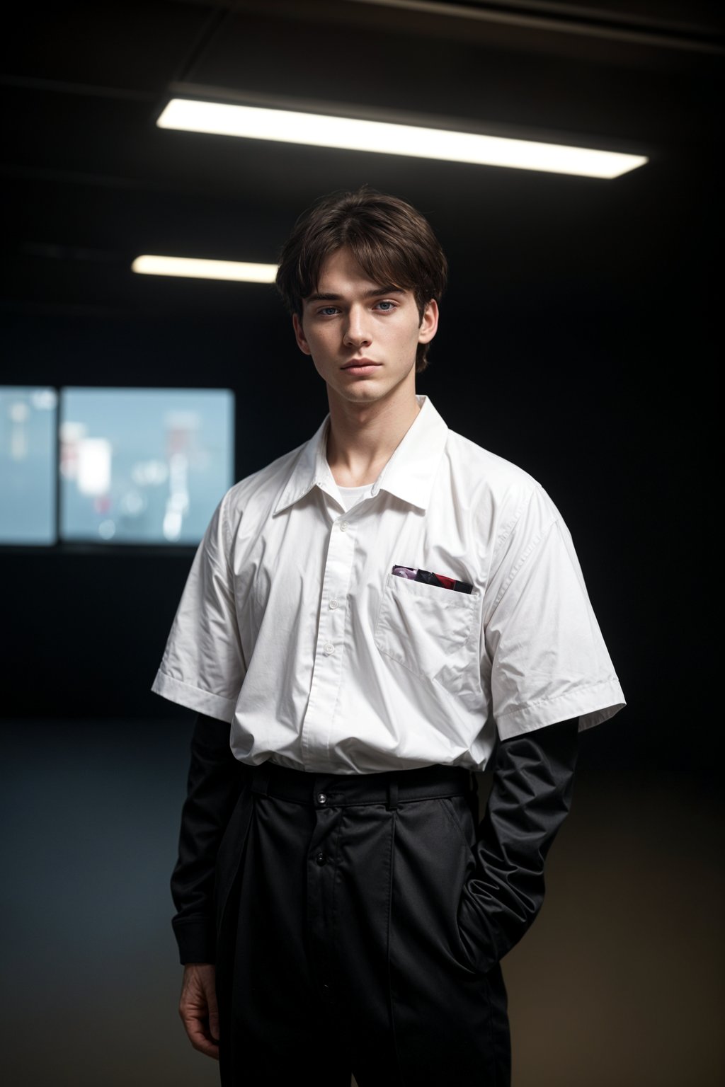 Korean man (with black hair) (as korean kpop k-pop idol) posing for photo, wearing Korean clothes, Korean fashion, Korean fashion, Korean makeup, (in front of solid background)