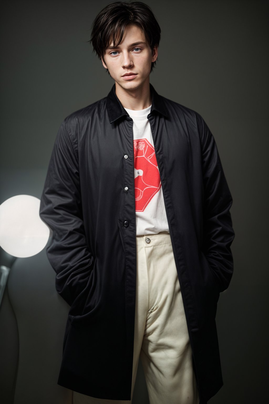 Korean man (with black hair) (as korean kpop k-pop idol) posing for photo, wearing Korean clothes, Korean fashion, Korean fashion, Korean makeup, (in front of solid background)