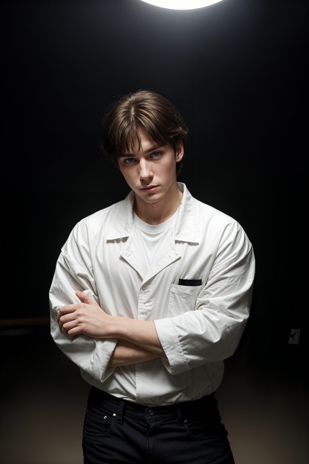 Korean man (with black hair) (as korean kpop k-pop idol) posing for photo, wearing Korean clothes, Korean fashion, Korean fashion, Korean makeup, (in front of solid background)