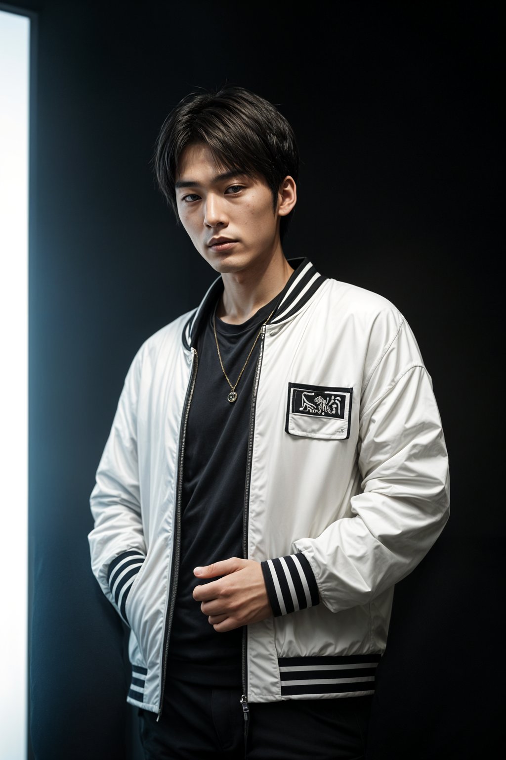 Korean man (with black hair) (as korean kpop k-pop idol) posing for photo, wearing Korean clothes, Korean fashion, Korean fashion, Korean makeup, (in front of solid background)