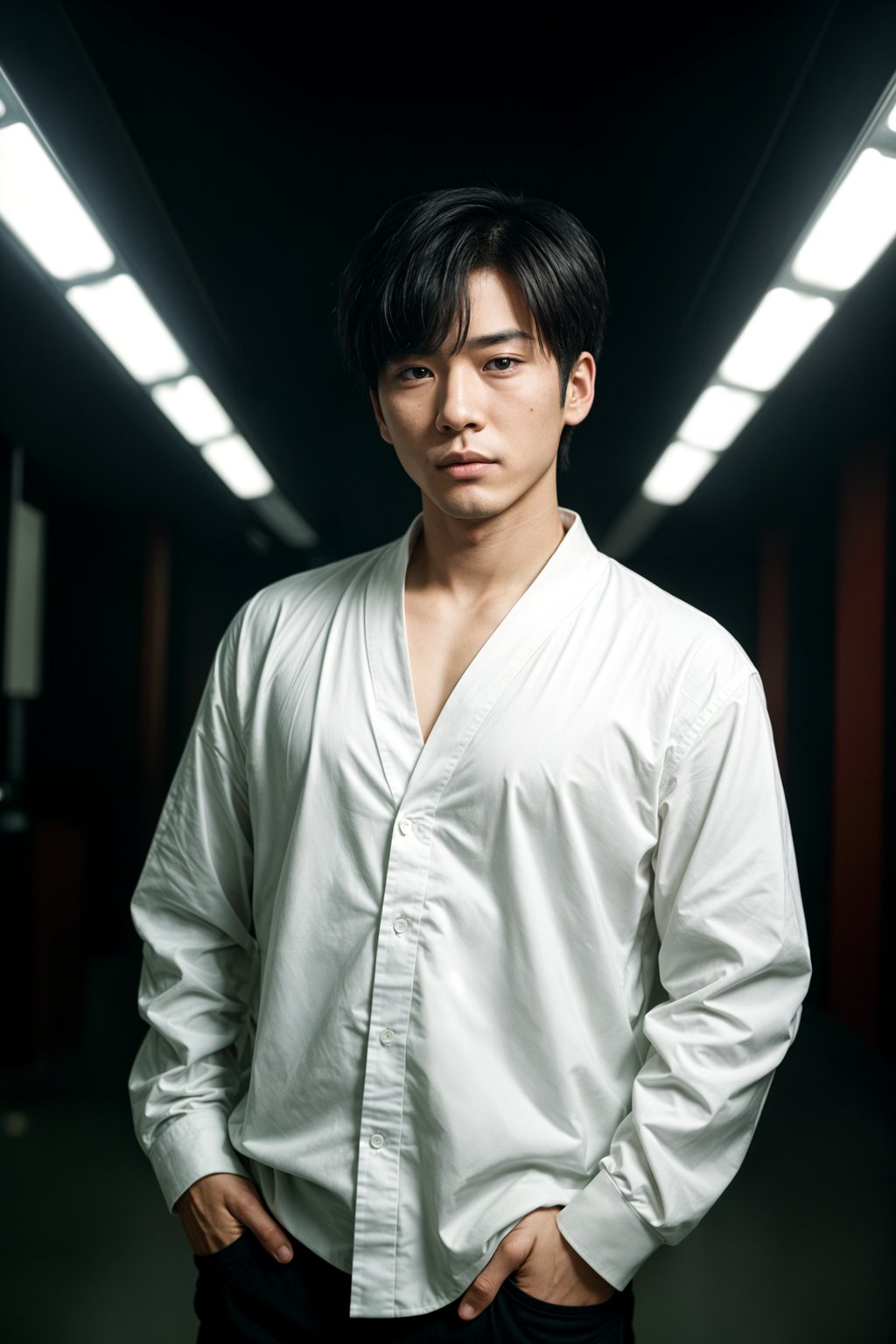 Korean man (with black hair) (as korean kpop k-pop idol) posing for photo, wearing Korean clothes, Korean fashion, Korean fashion, Korean makeup, (in front of solid background)