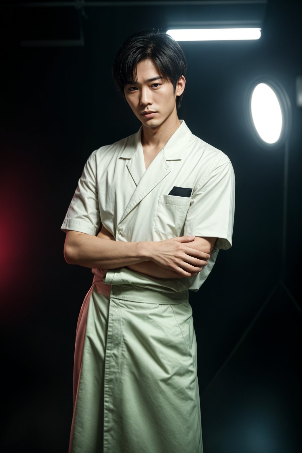 Korean man (with black hair) (as korean kpop k-pop idol) posing for photo, wearing Korean clothes, Korean fashion, Korean fashion, Korean makeup, (in front of solid background)