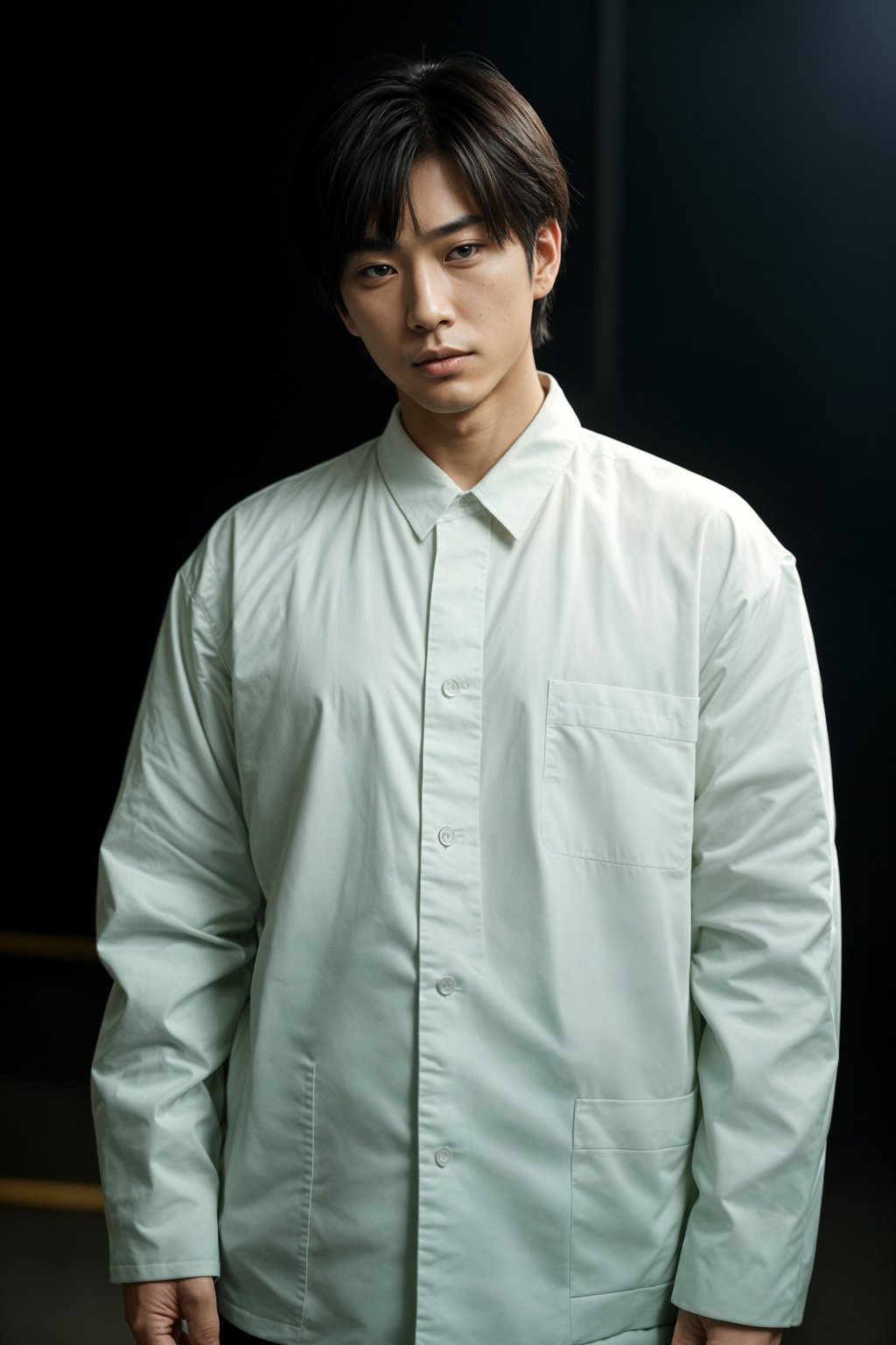 Korean man (with black hair) (as korean kpop k-pop idol) posing for photo, wearing Korean clothes, Korean fashion, Korean fashion, Korean makeup, (in front of solid background)