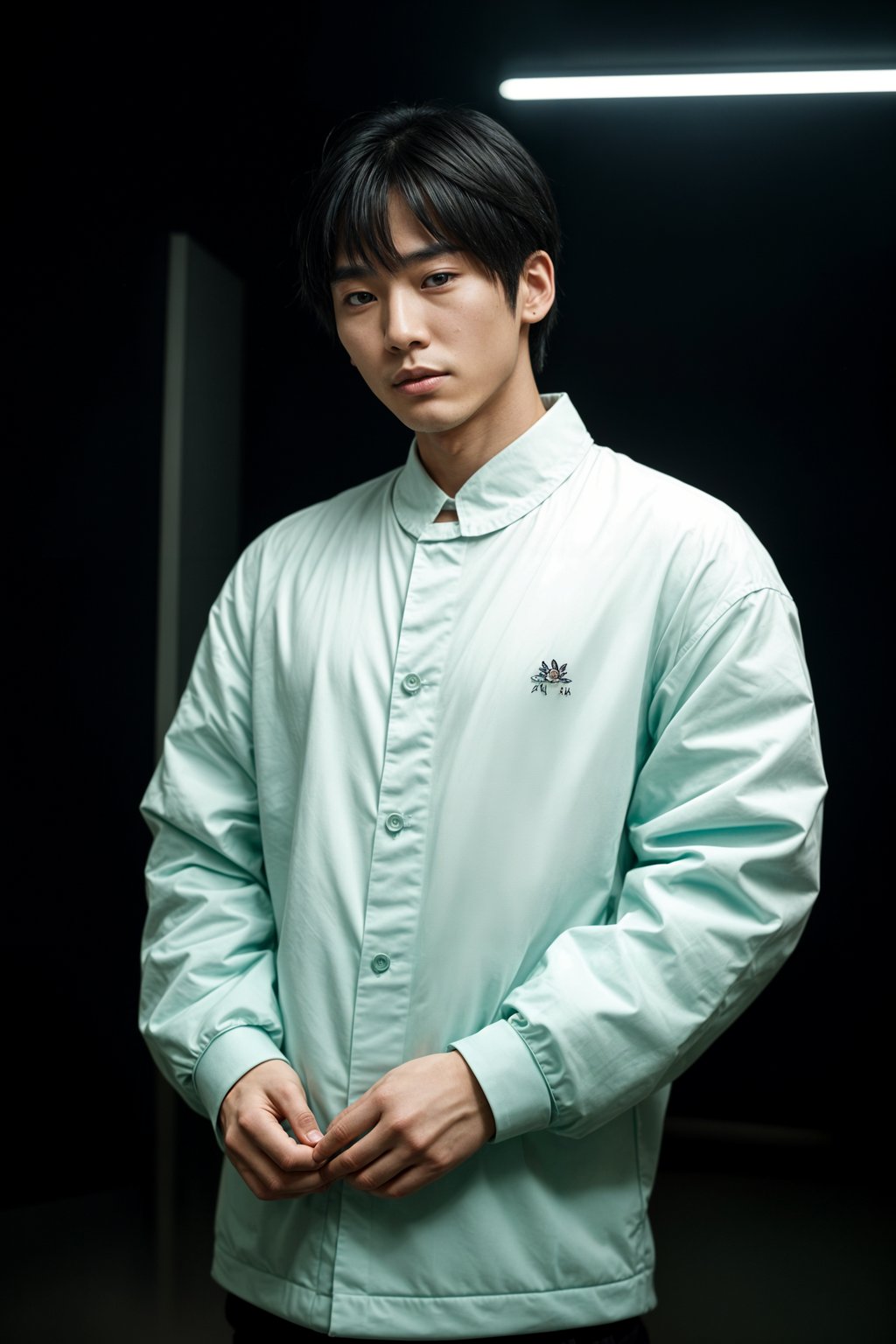 Korean man (with black hair) (as korean kpop k-pop idol) posing for photo, wearing Korean clothes, Korean fashion, Korean fashion, Korean makeup, (in front of solid background)