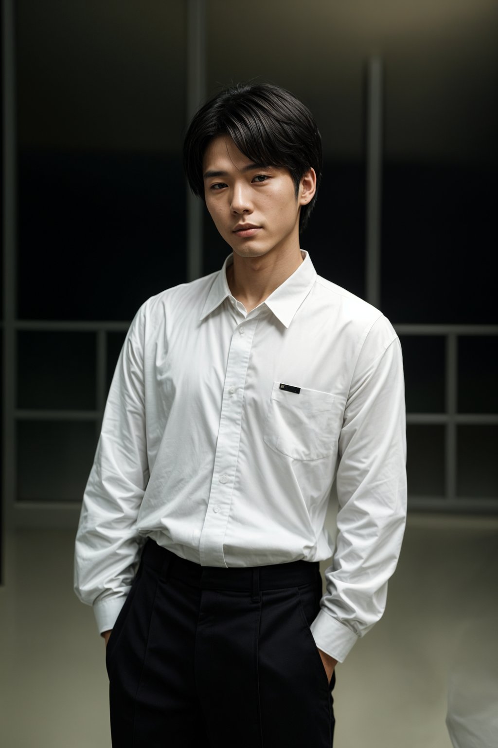 Korean man (with black hair) (as korean kpop k-pop idol) posing for photo, wearing Korean clothes, Korean fashion, Korean fashion, Korean makeup, (in front of solid background)