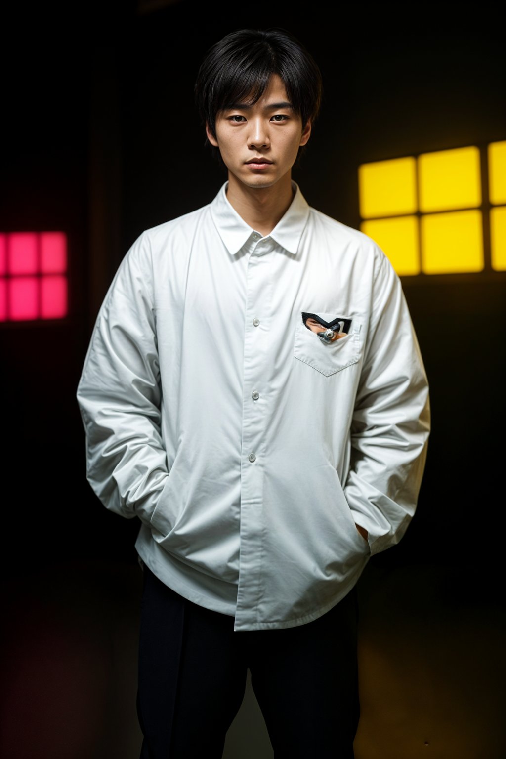 Korean man (with black hair) (as korean kpop k-pop idol) posing for photo, wearing Korean clothes, Korean fashion, Korean fashion, Korean makeup, (in front of solid background)