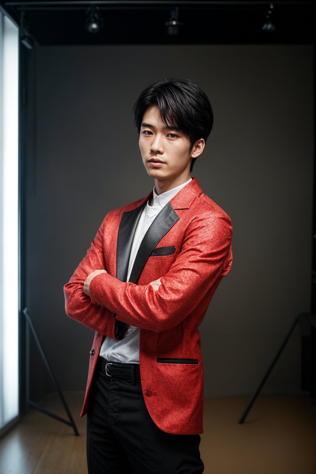 Korean man (with black hair) (as korean kpop k-pop idol) posing for photo, wearing Korean clothes, Korean fashion, Korean fashion, Korean makeup, (in front of solid background)