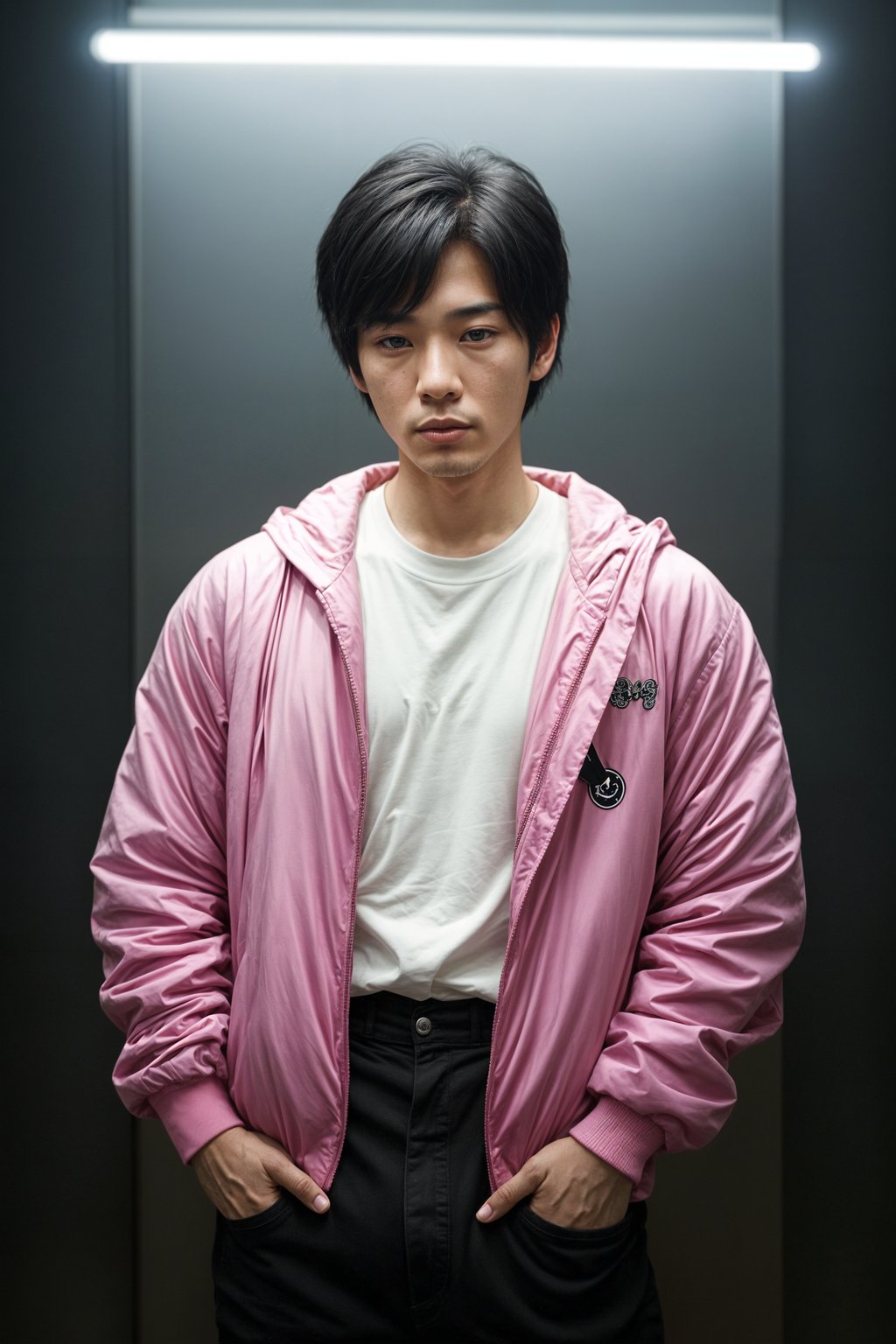 Korean man (with black hair) (as korean kpop k-pop idol) posing for photo, wearing Korean clothes, Korean fashion, Korean fashion, Korean makeup, (in front of solid background)