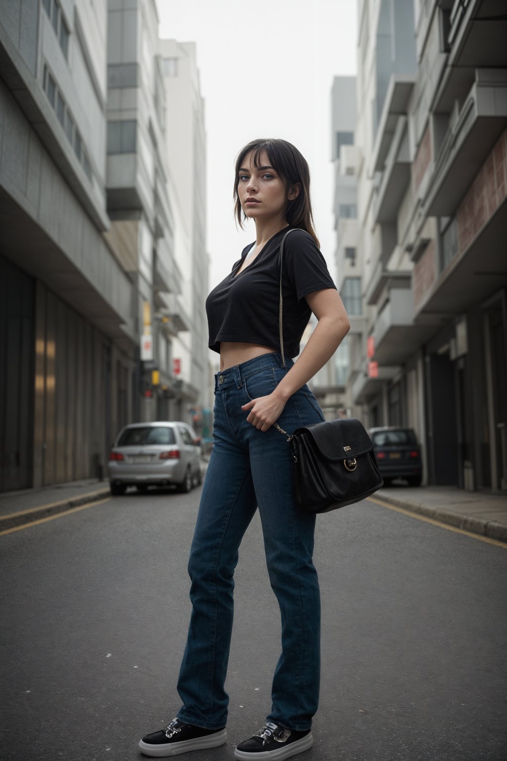 Korean woman (with black hair) (as korean kpop k-pop idol) posing for photo, wearing Korean clothes, Korean fashion, Korean fashion, Korean makeup, (in front of solid background)