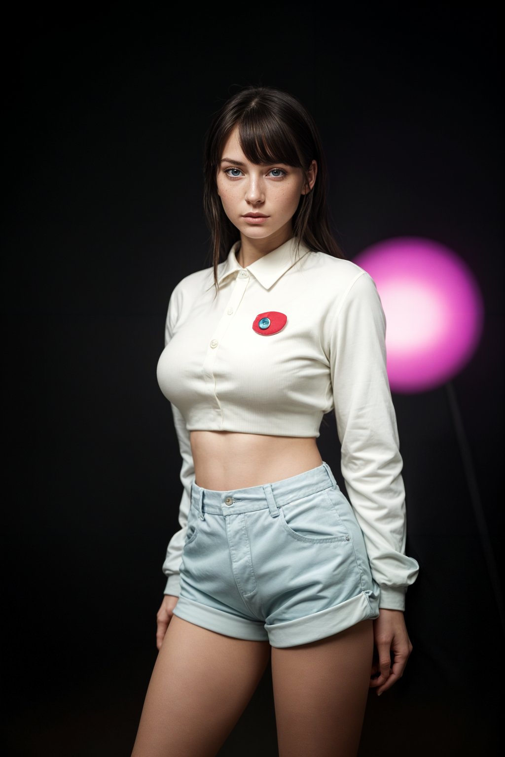 Korean woman (with black hair) (as korean kpop k-pop idol) posing for photo, wearing Korean clothes, Korean fashion, Korean fashion, Korean makeup, (in front of solid background)