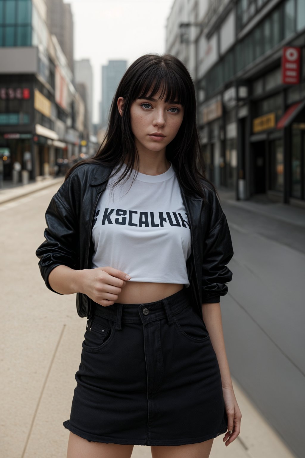 Korean woman (with black hair) (as korean kpop k-pop idol) posing for photo, wearing Korean clothes, Korean fashion, Korean fashion, Korean makeup, (in front of solid background)