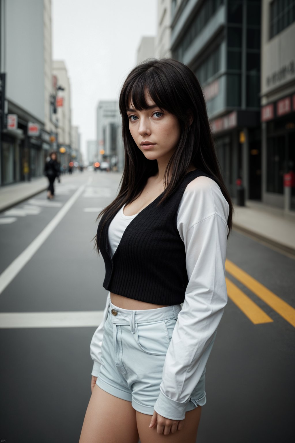 Korean woman (with black hair) (as korean kpop k-pop idol) posing for photo, wearing Korean clothes, Korean fashion, Korean fashion, Korean makeup, (in front of solid background)