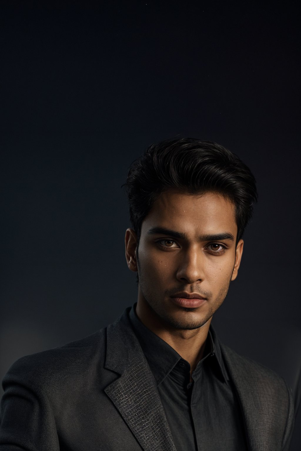 man with enticing gaze, adorned with  sharp, stylish suit against a twilight backdrop