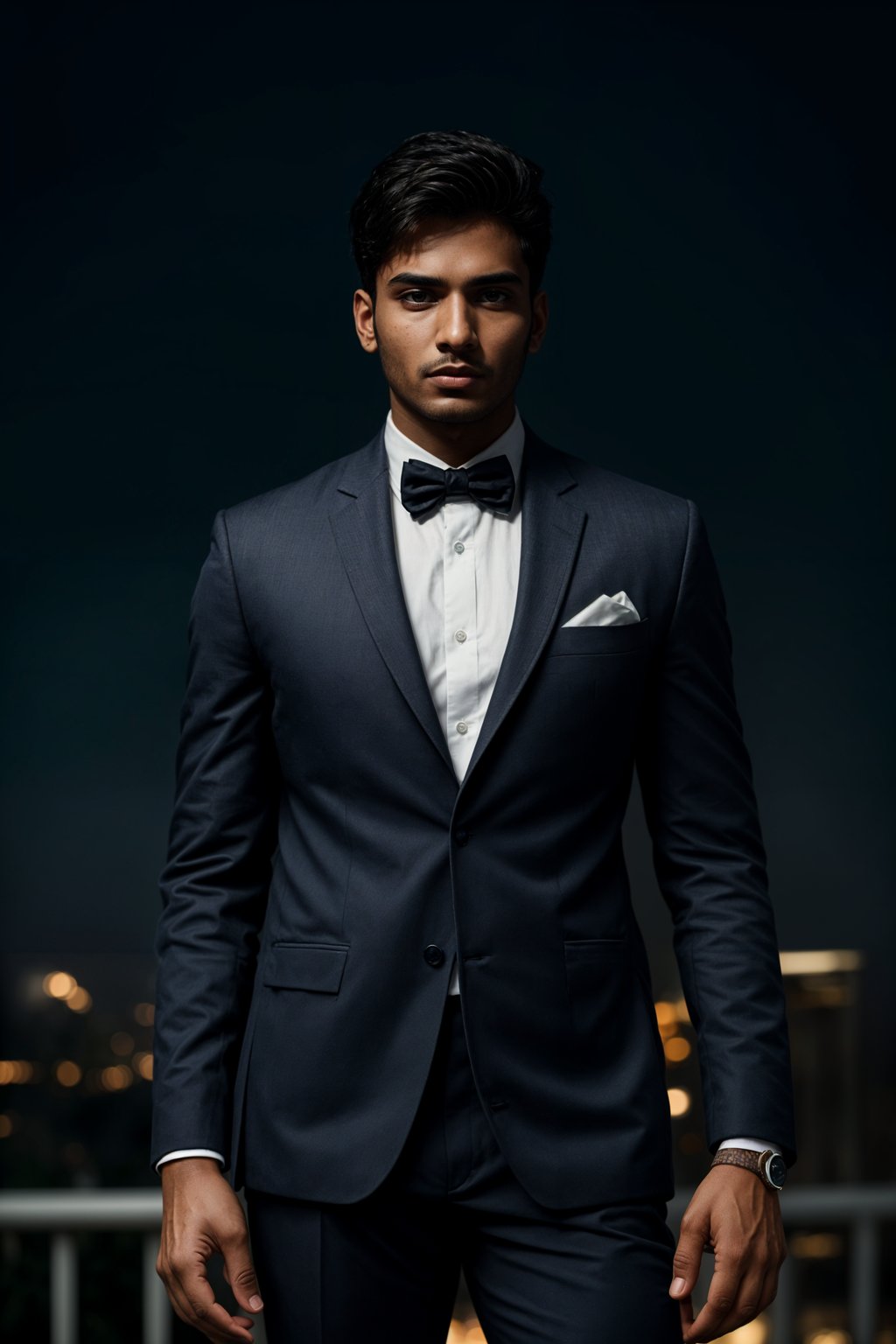 man with enticing gaze, adorned with  sharp, stylish suit against a twilight backdrop