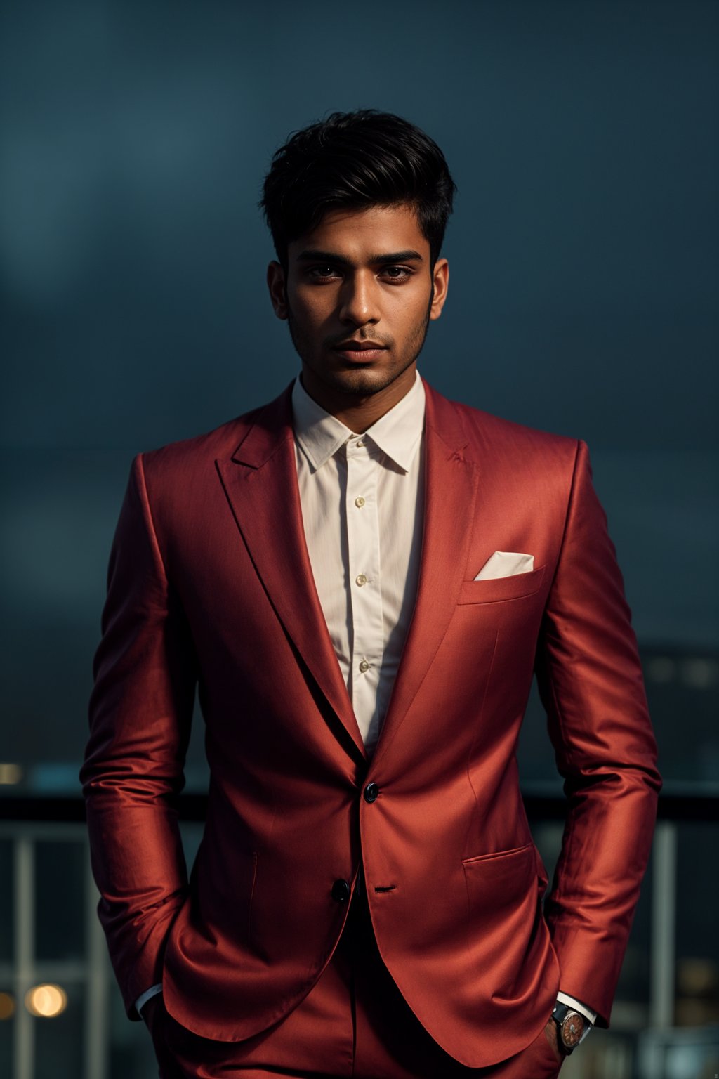 man with enticing gaze, adorned with  sharp, stylish suit against a twilight backdrop