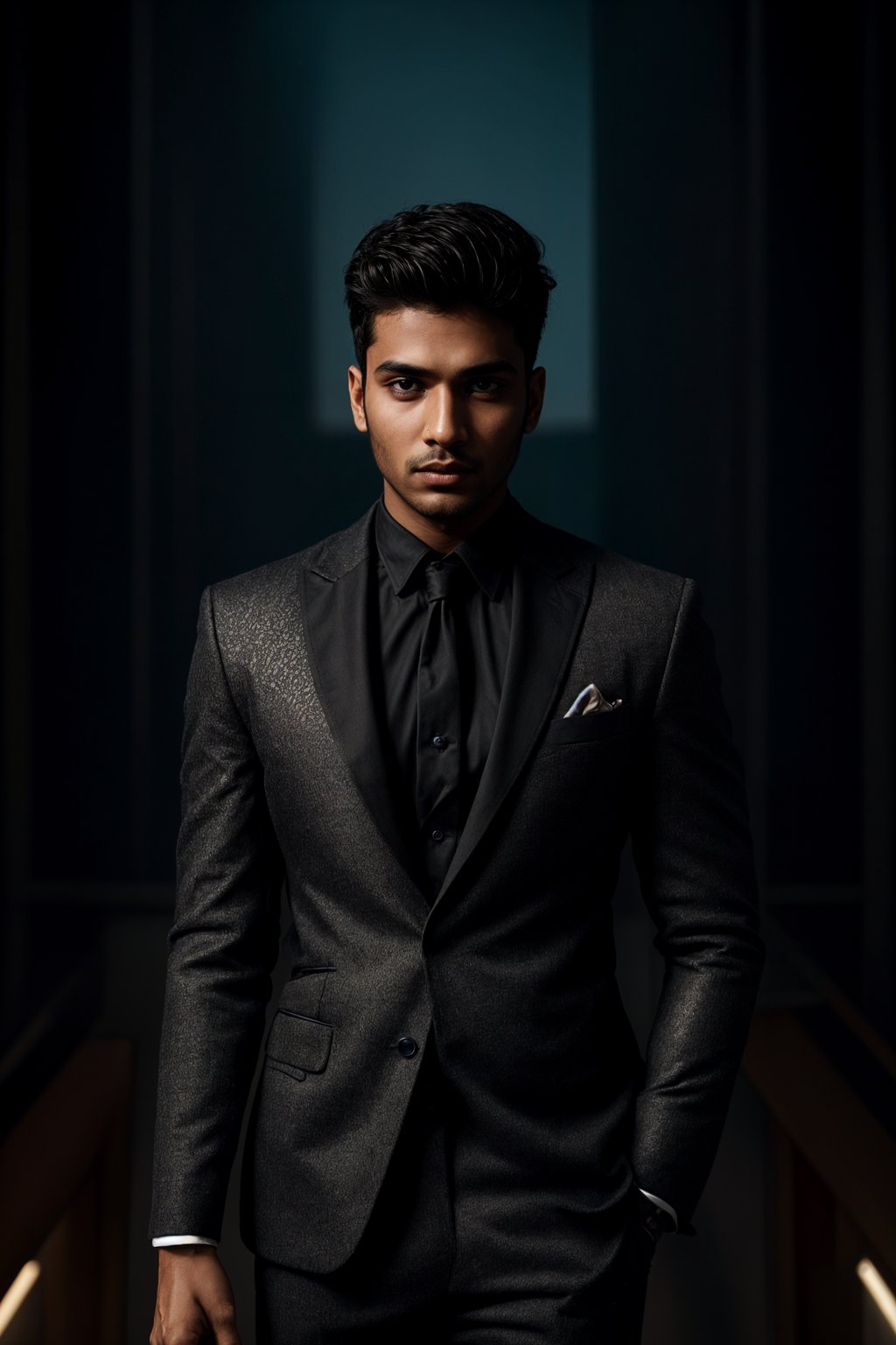 man with enticing gaze, adorned with  sharp, stylish suit against a twilight backdrop