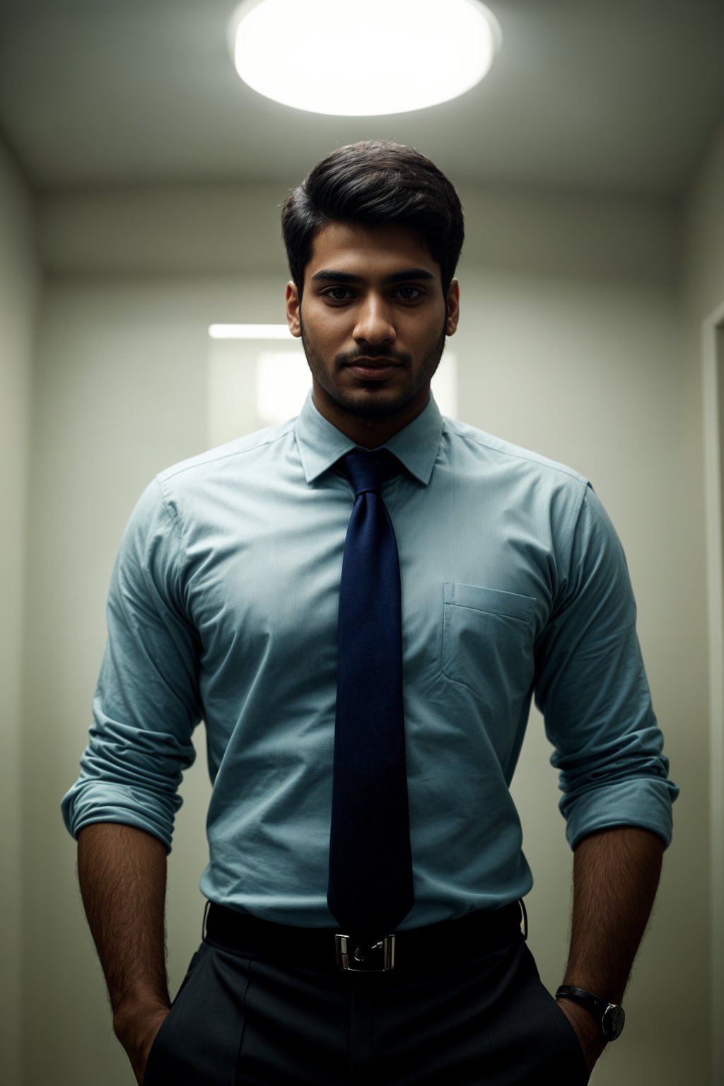 man with a seductive smile, donned in a  classy tie, under warm indoor lighting