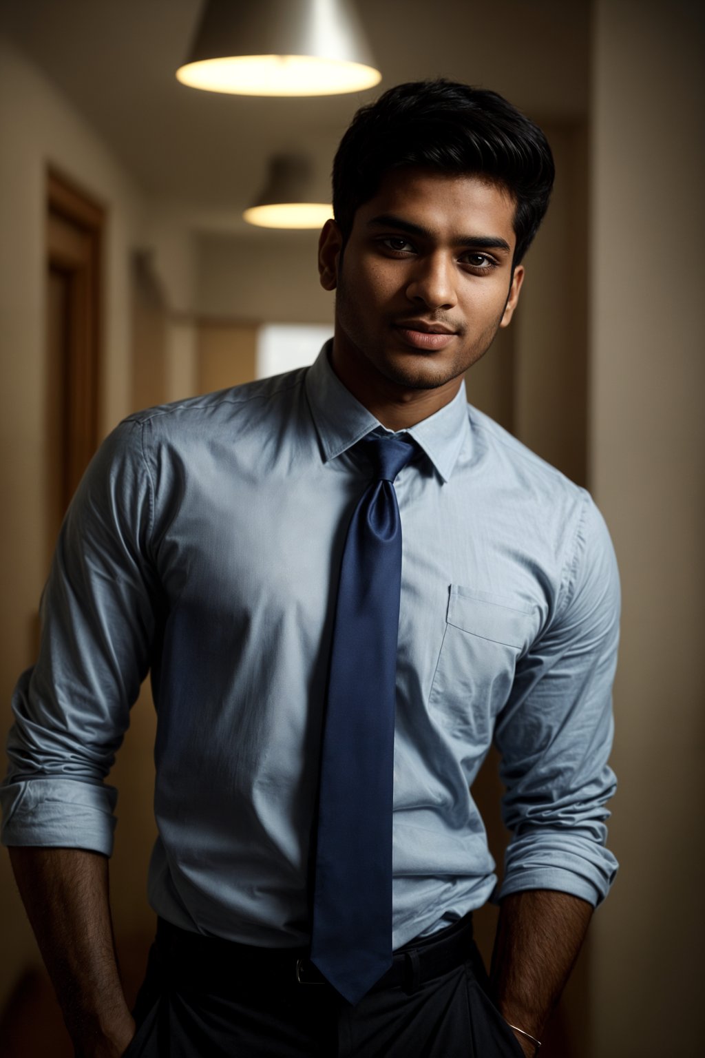 man with a seductive smile, donned in a  classy tie, under warm indoor lighting