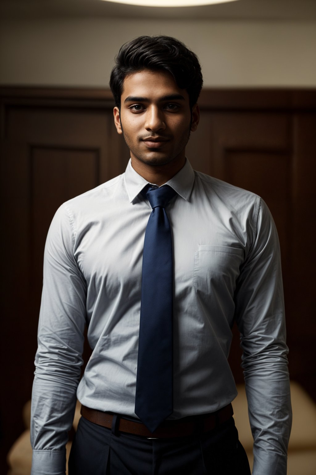 man with a seductive smile, donned in a  classy tie, under warm indoor lighting