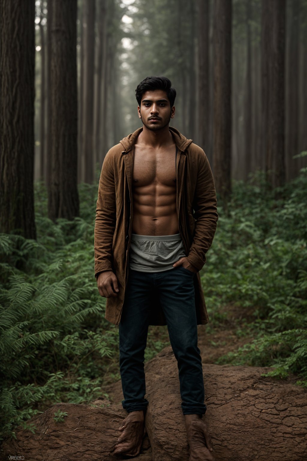 man with enticing allure in  rugged outdoor outfit in a serene forest setting