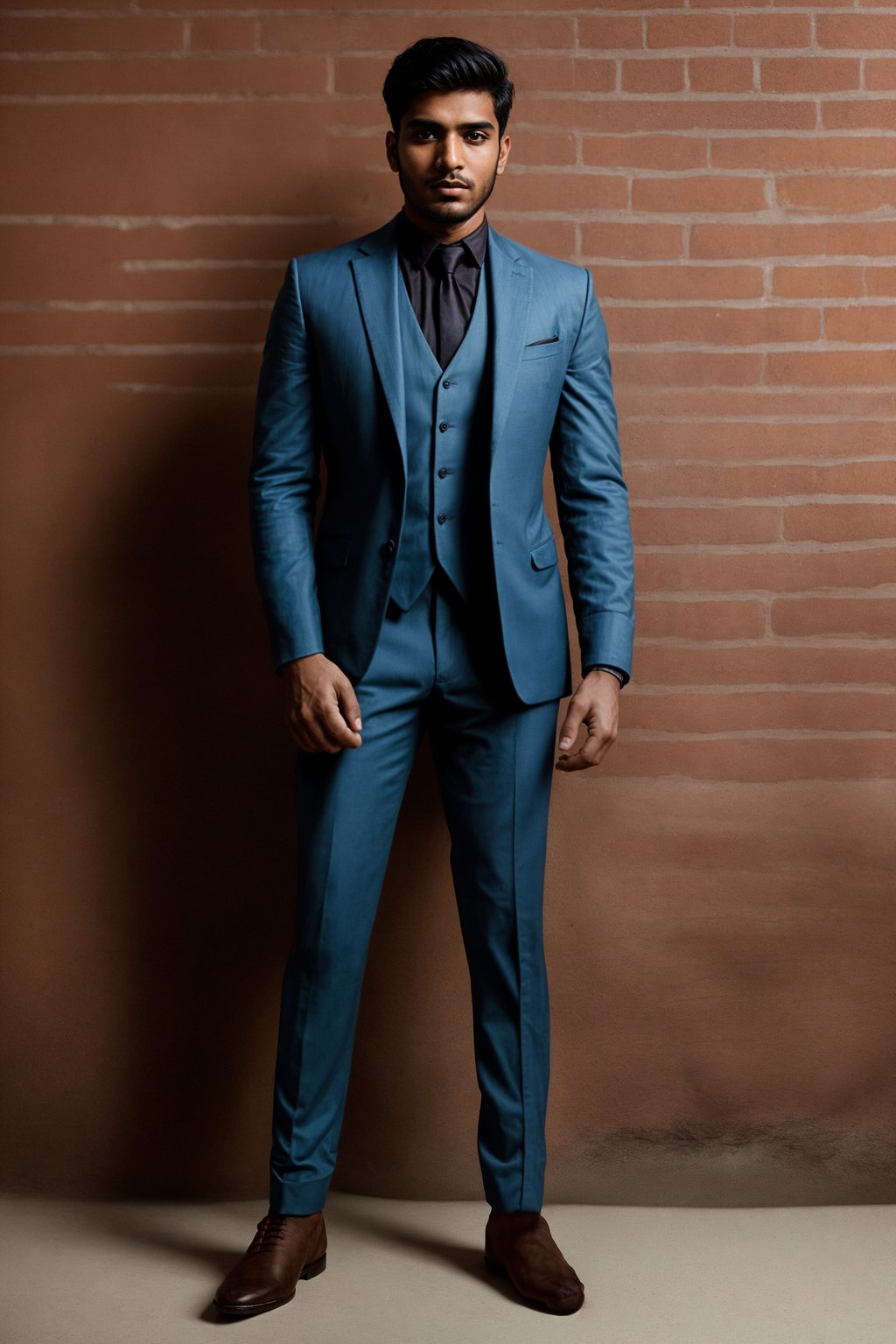 (full-body shot) of man in  sharp, tailored suit against a classic brick wall background