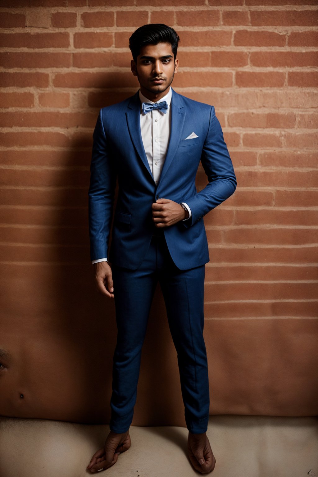 (full-body shot) of man in  sharp, tailored suit against a classic brick wall background