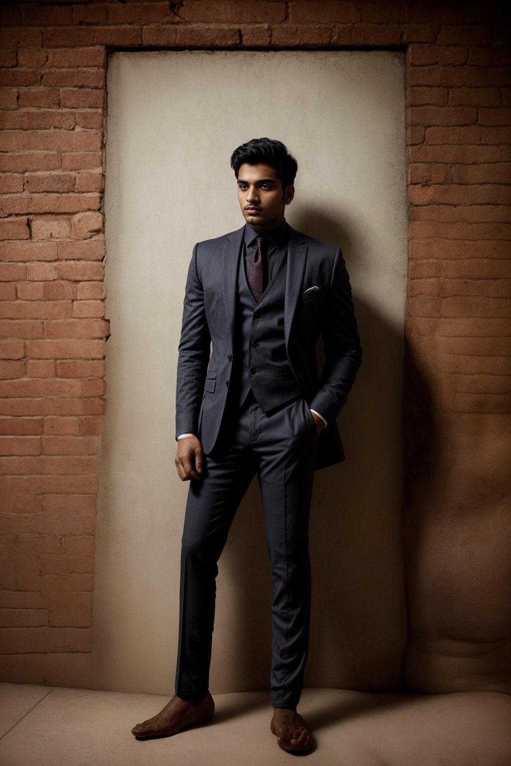 (full-body shot) of man in  sharp, tailored suit against a classic brick wall background