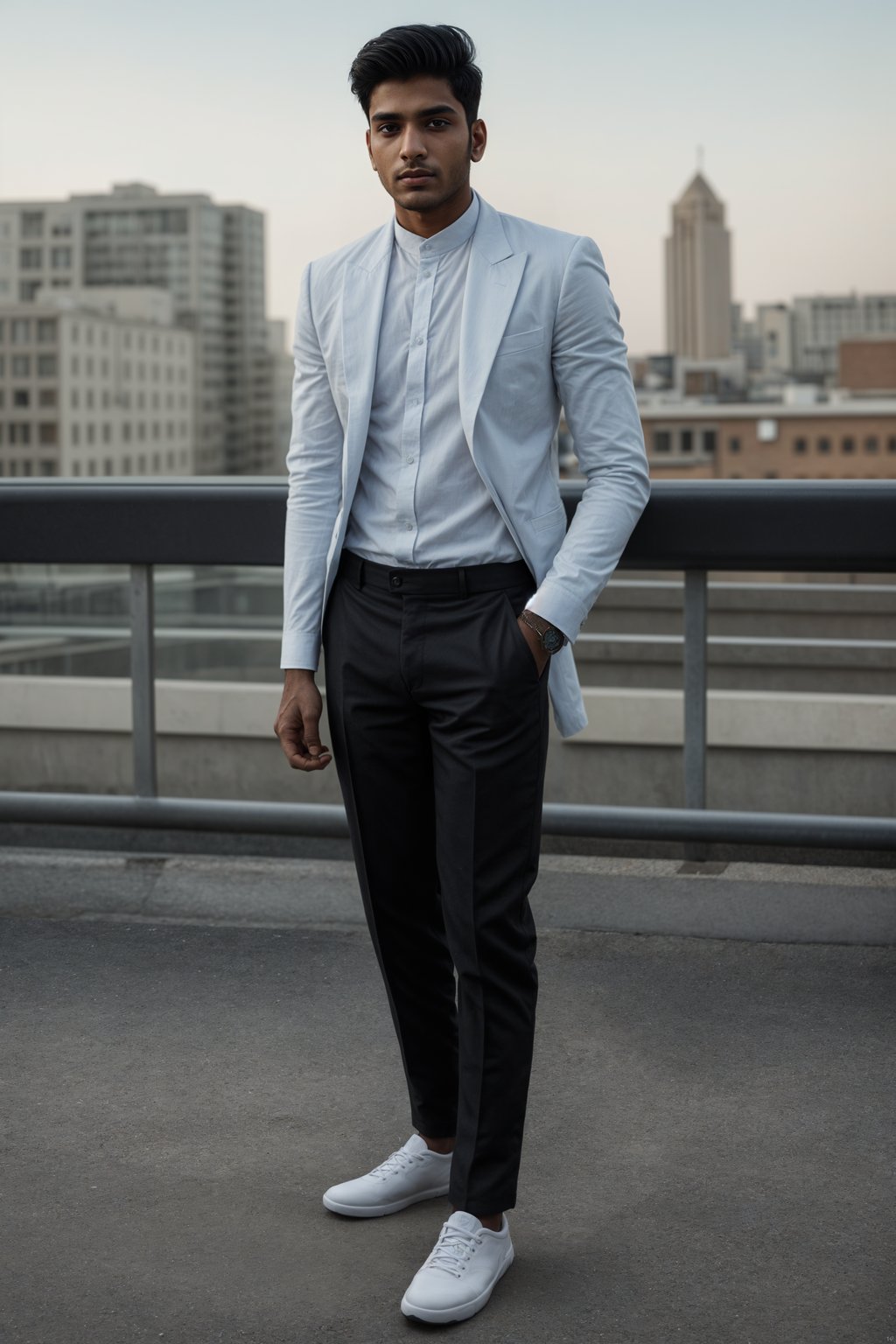 man in  modern, fashionable attire against an edgy urban backdrop