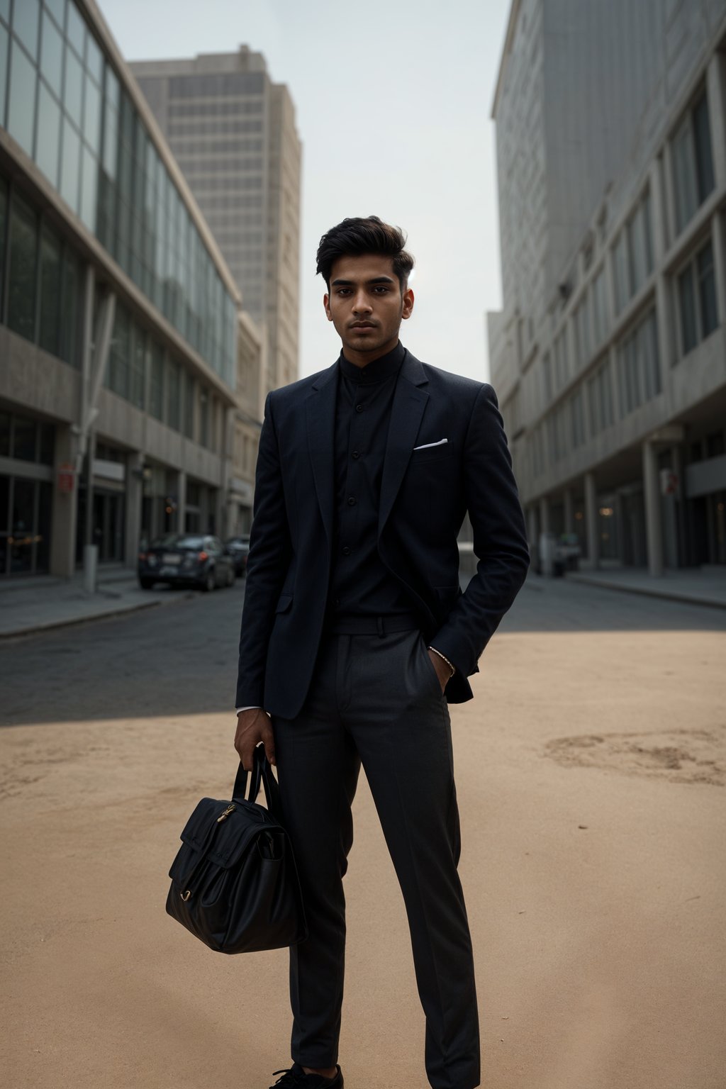 man in  modern, fashionable attire against an edgy urban backdrop