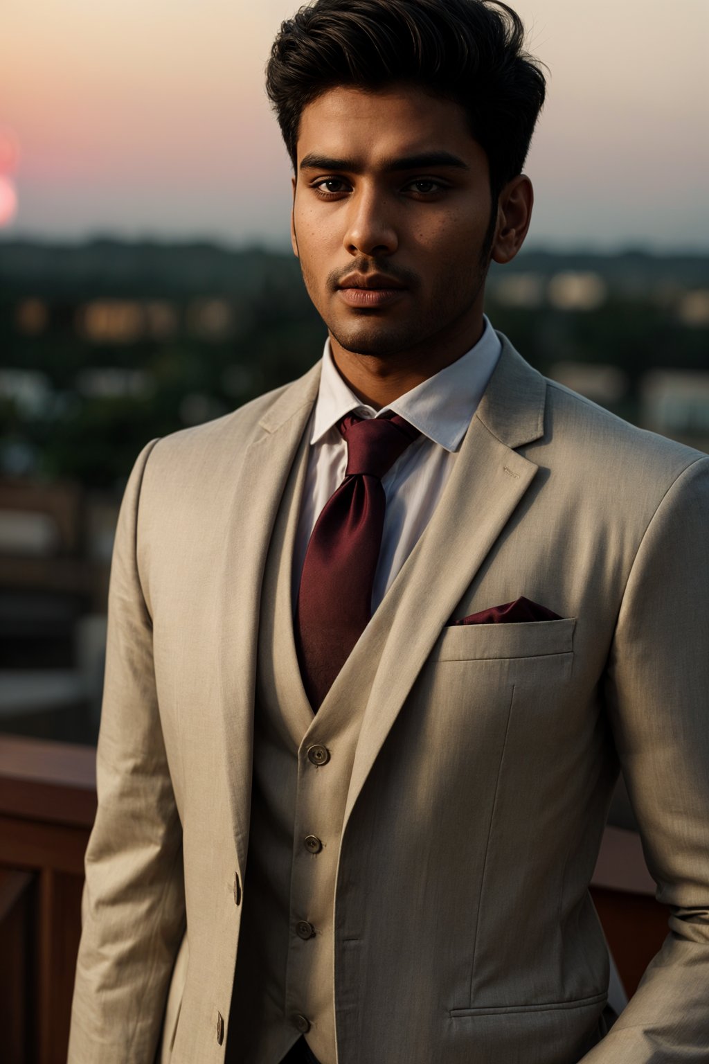 man in  dapper suit, radiating allure under the soft glow of a sunset