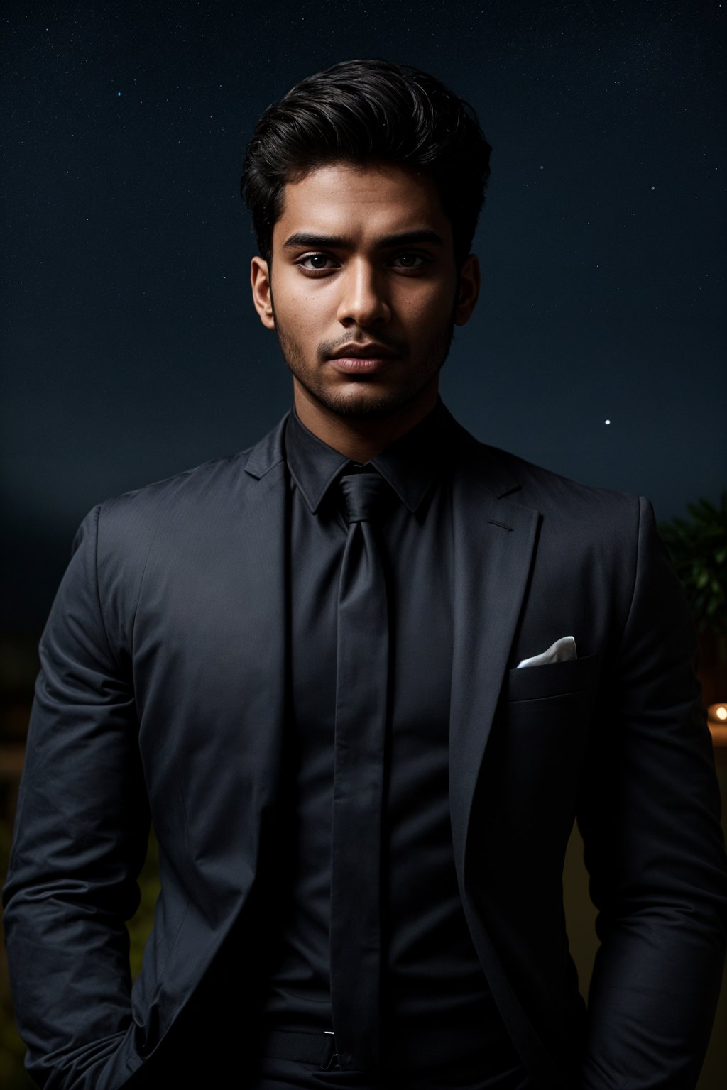 man with magnetic appeal, adorned in  luxurious cufflinks, against a starry night backdrop