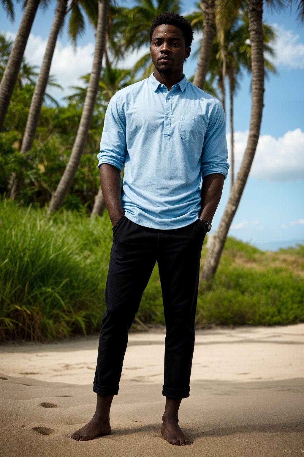 (full-body shot) of man in a  smart casual beach attire, posed against a vibrant beach setting