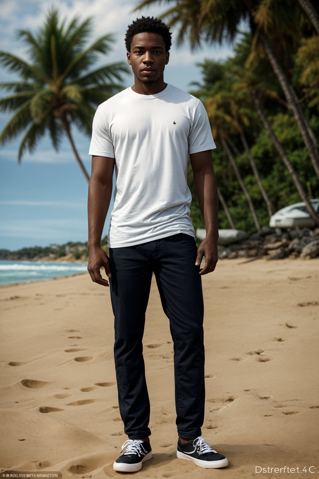 (full-body shot) of man in a  smart casual beach attire, posed against a vibrant beach setting