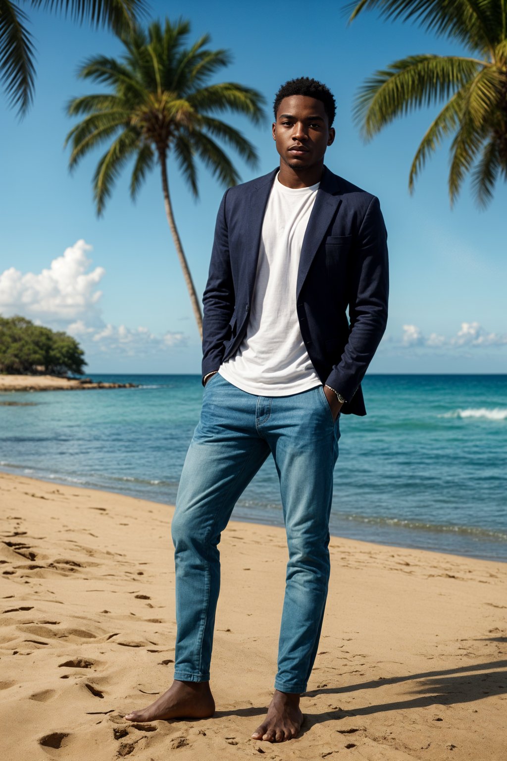 (full-body shot) of man in a  smart casual beach attire, posed against a vibrant beach setting