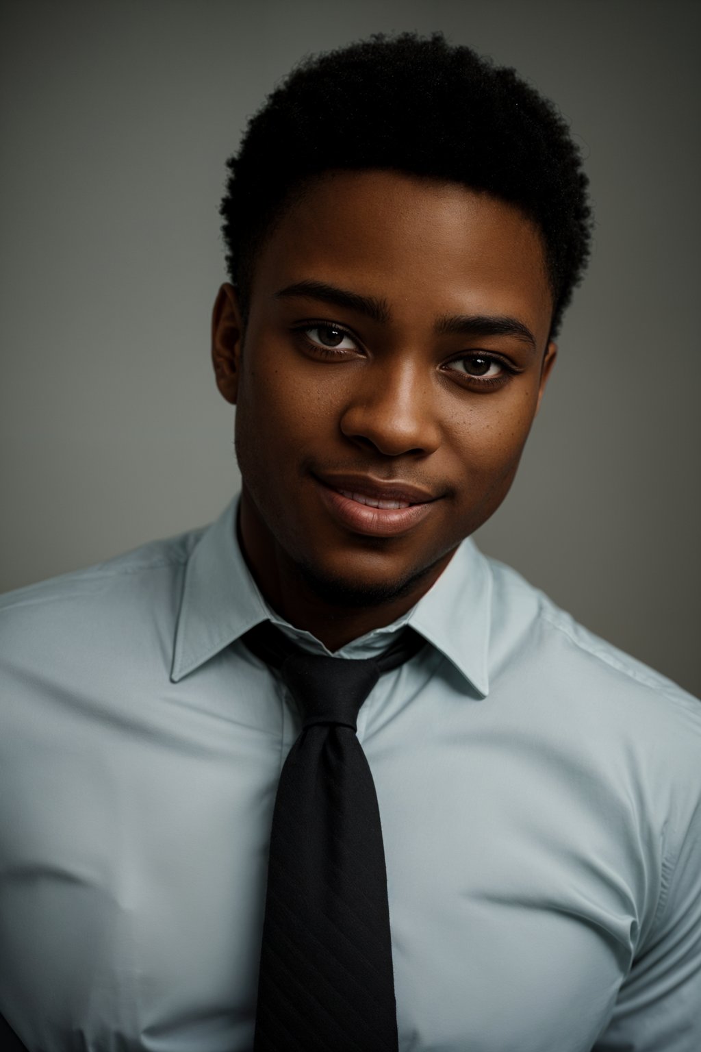 man with a seductive smile, donned in a  classy tie, under warm indoor lighting