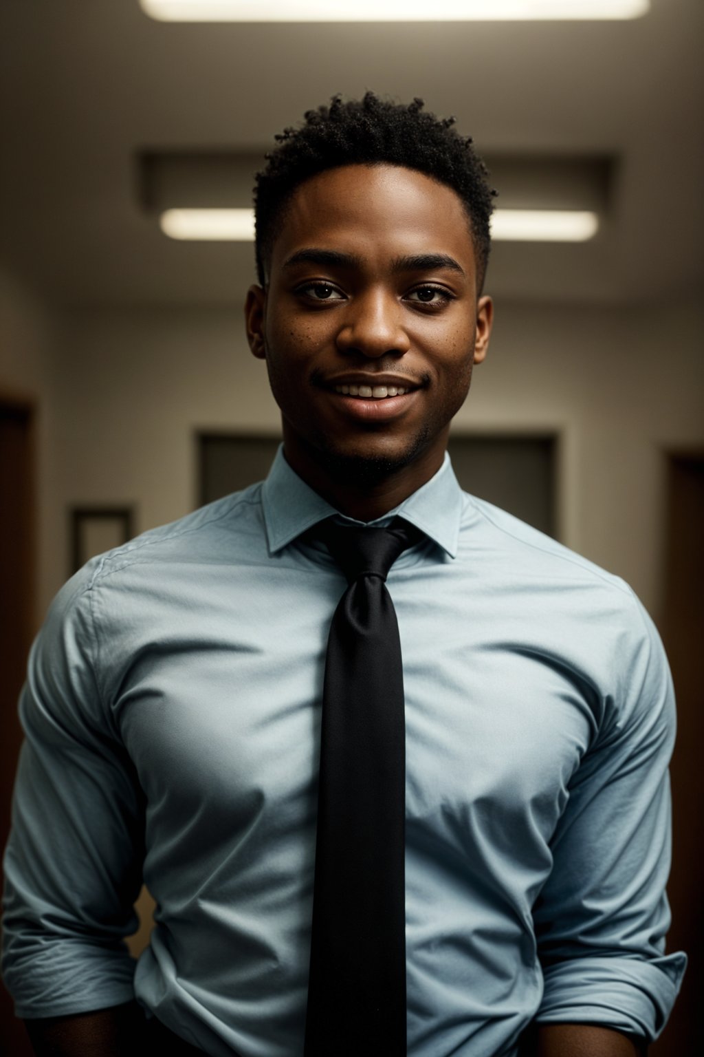 man with a seductive smile, donned in a  classy tie, under warm indoor lighting