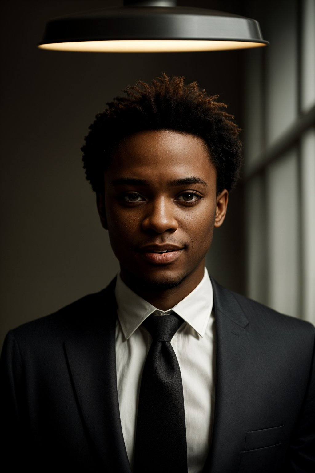 man with a seductive smile, donned in a  classy tie, under warm indoor lighting