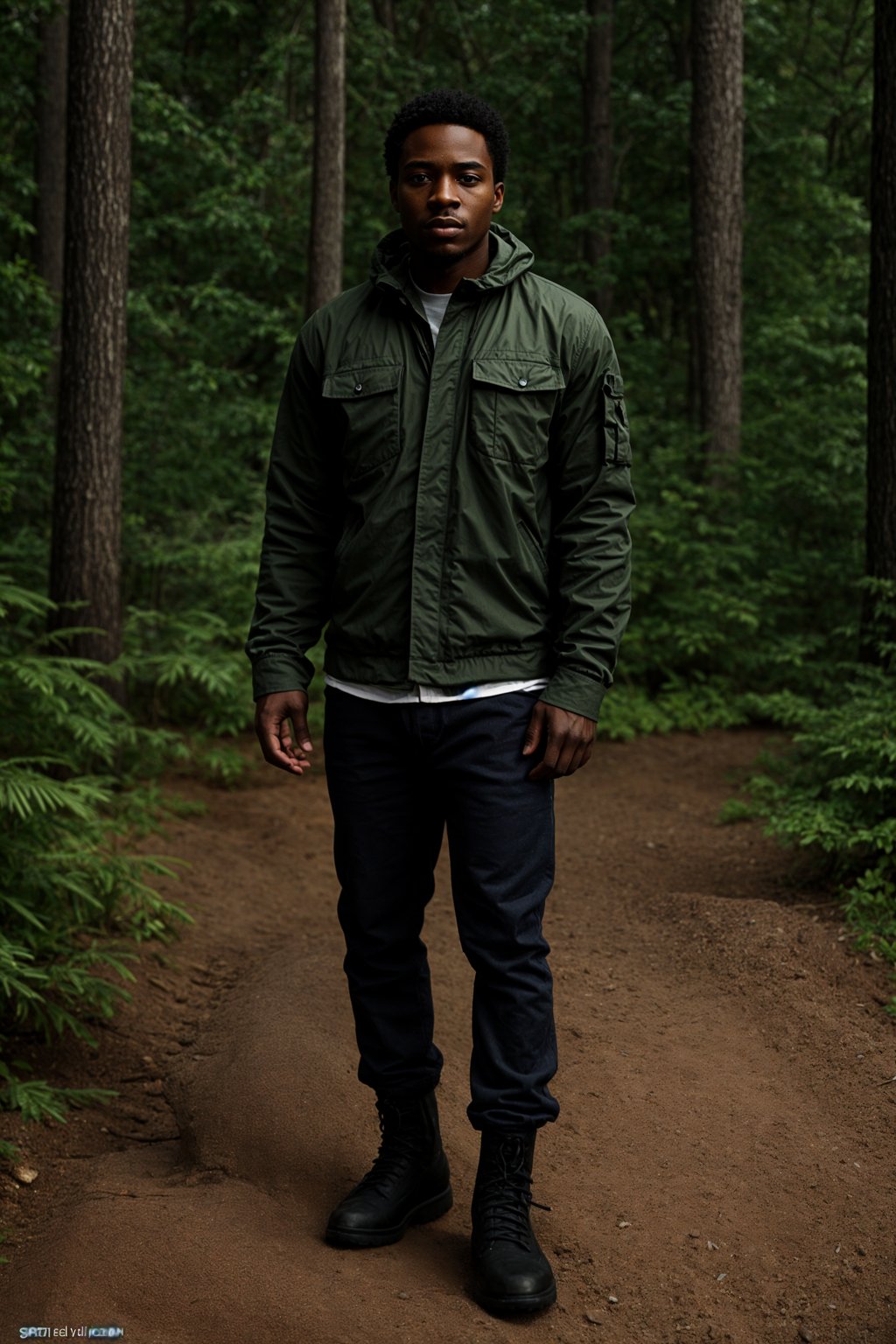 man with enticing allure in  rugged outdoor outfit in a serene forest setting