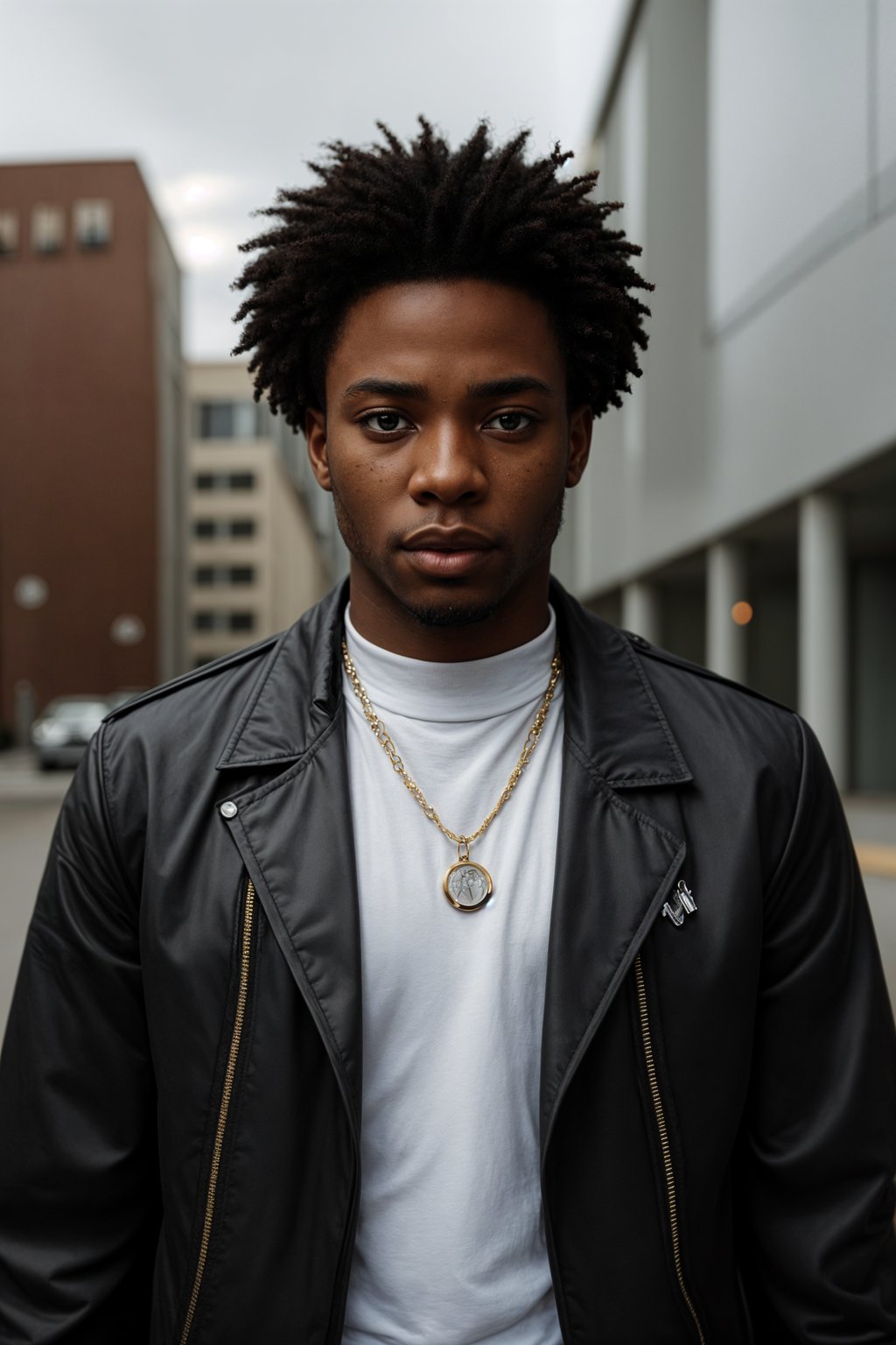 man in  modern, fashionable attire against an edgy urban backdrop