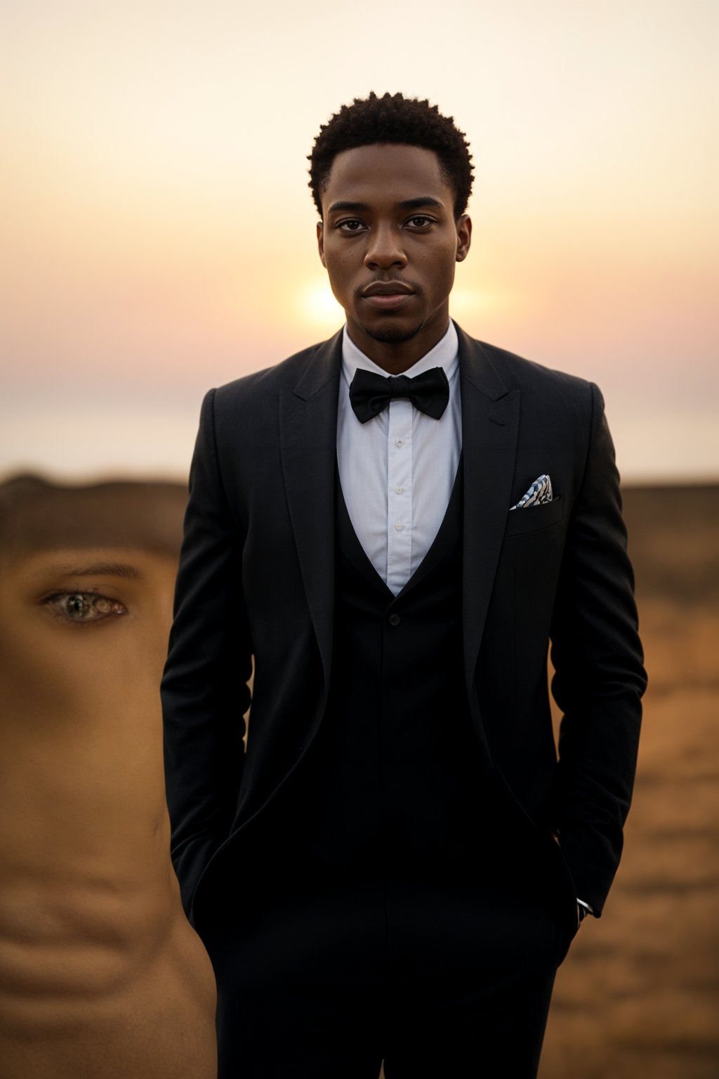 man in  dapper suit, radiating allure under the soft glow of a sunset