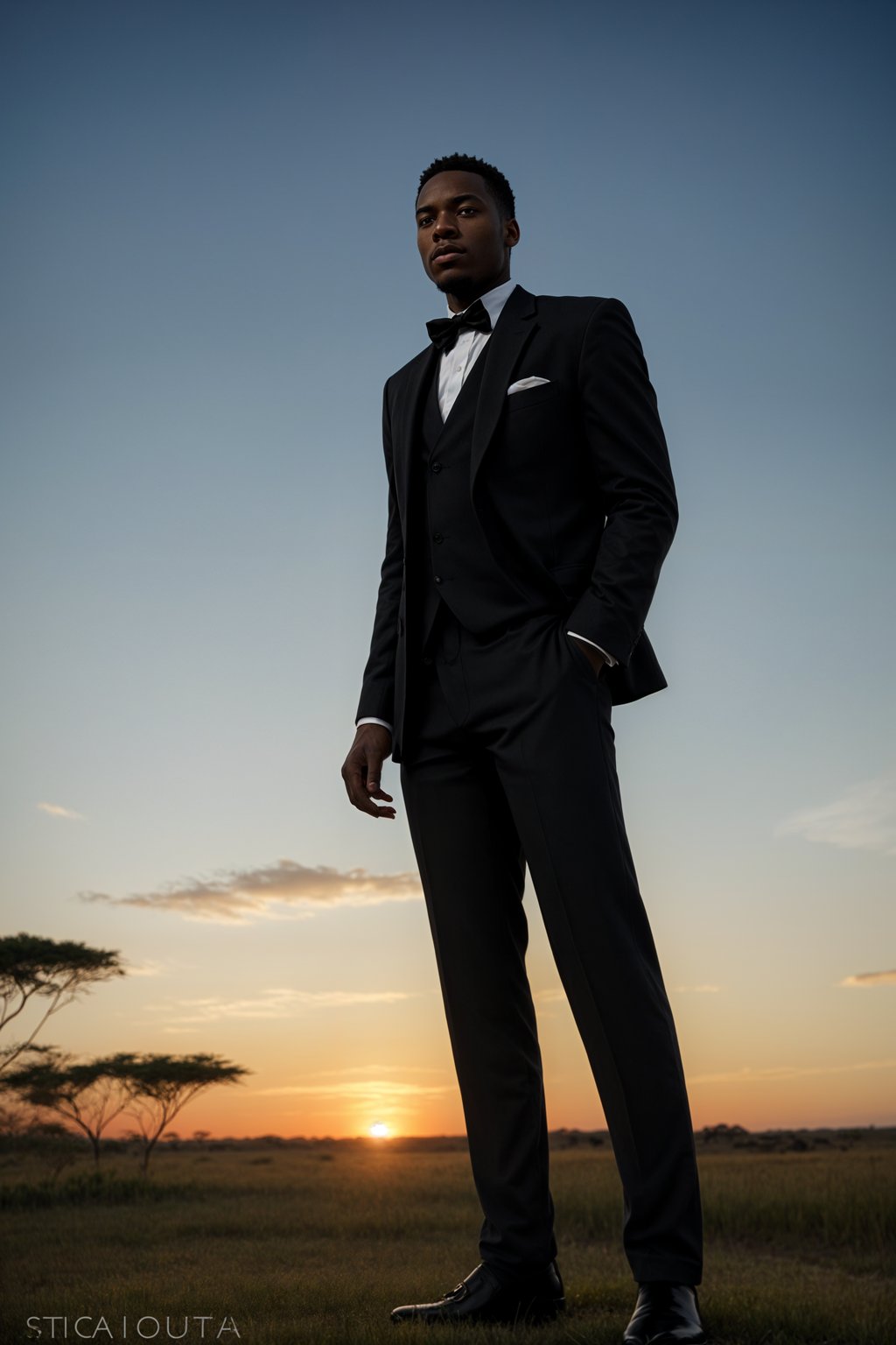 man in  dapper suit, radiating allure under the soft glow of a sunset