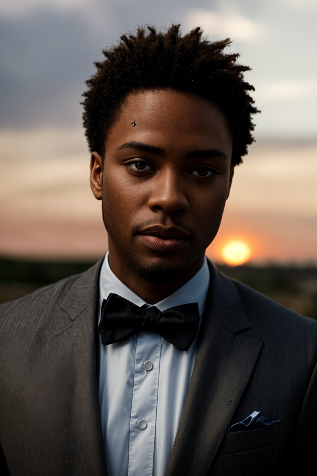 man in  dapper suit, radiating allure under the soft glow of a sunset