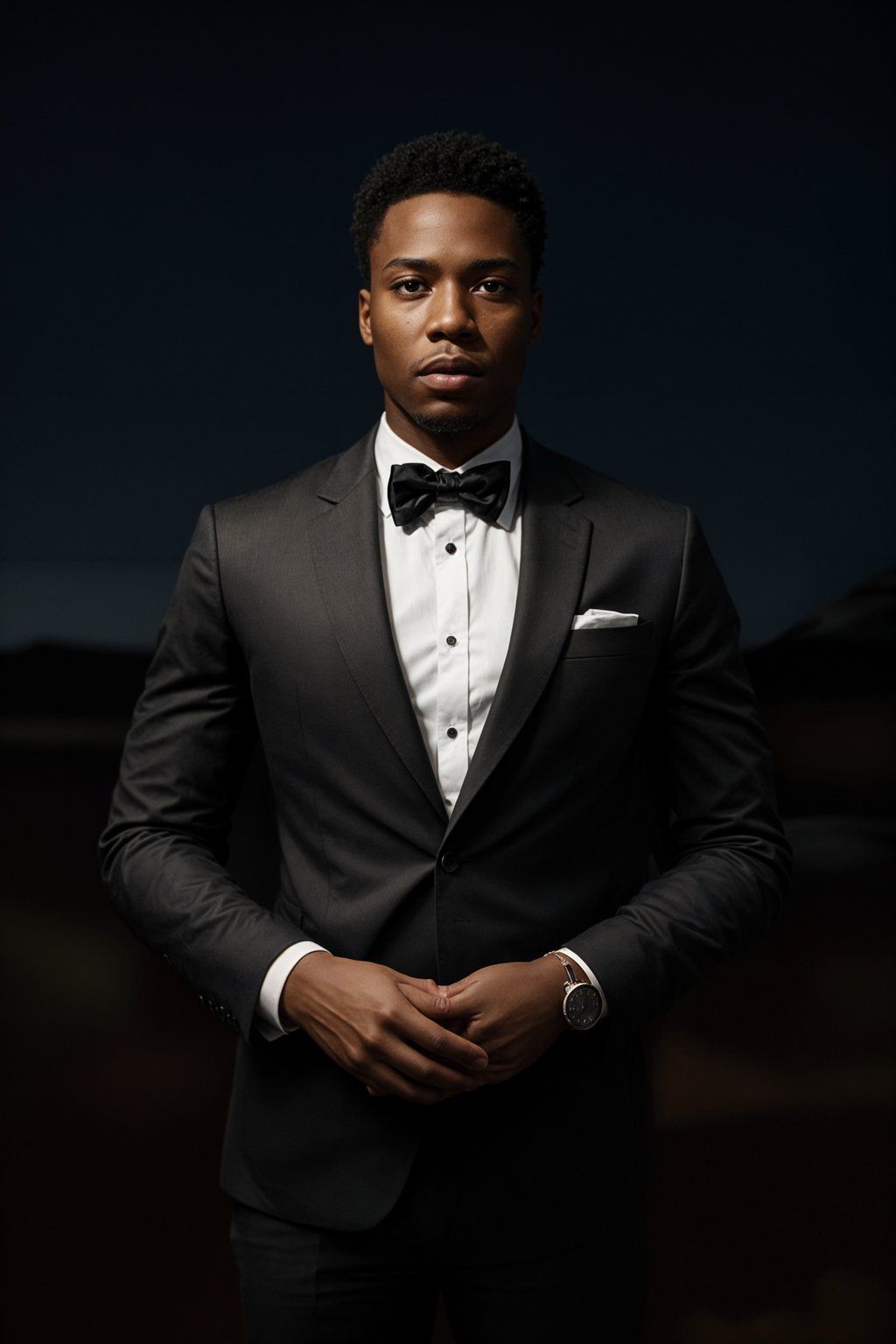 man with magnetic appeal, adorned in  luxurious cufflinks, against a starry night backdrop