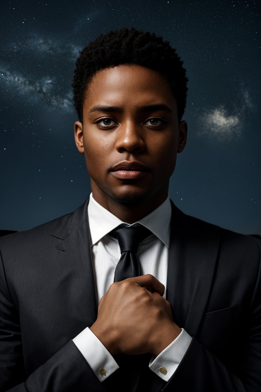 man with magnetic appeal, adorned in  luxurious cufflinks, against a starry night backdrop