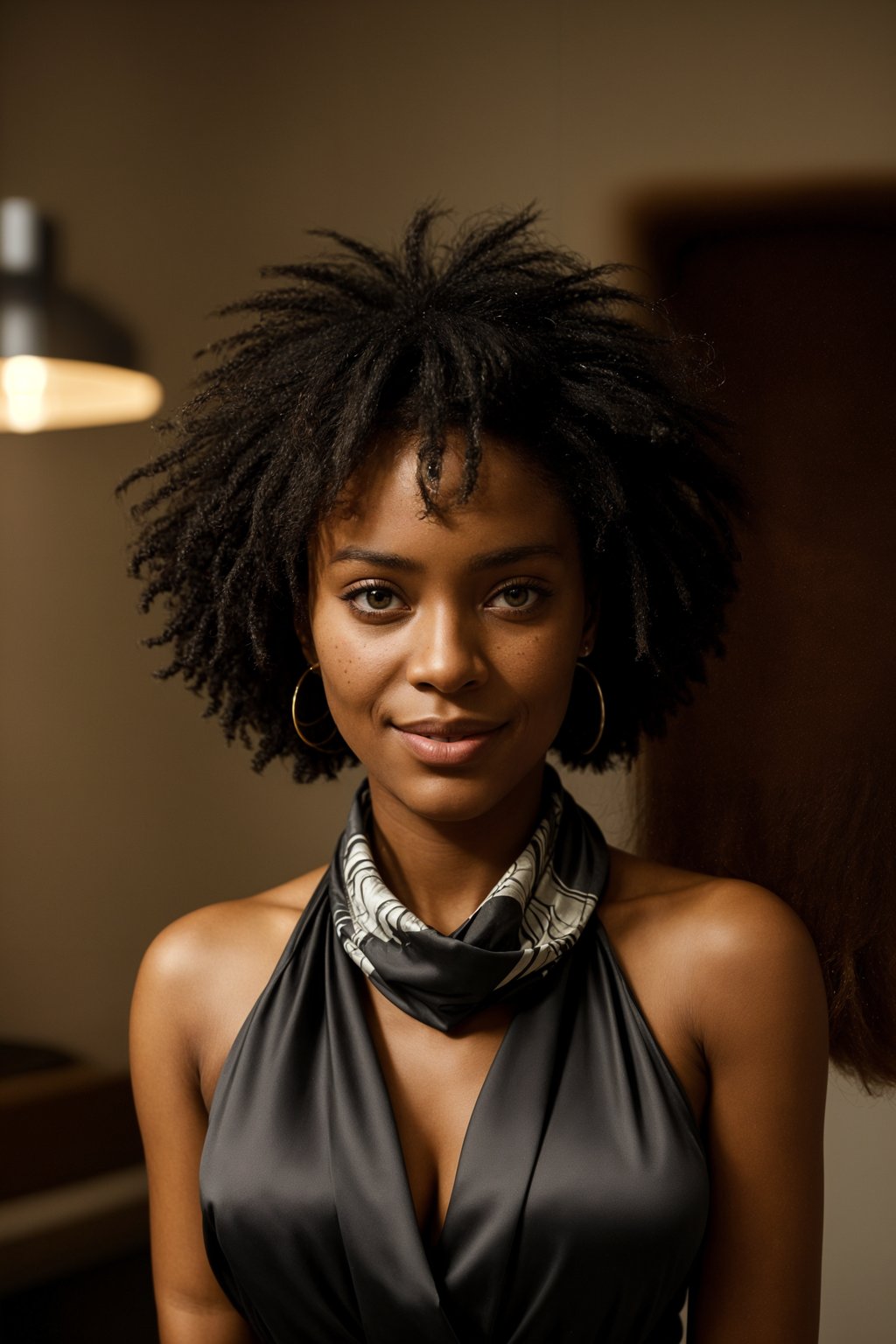 woman with a seductive smile, donned in a soft silk scarf , under warm indoor lighting